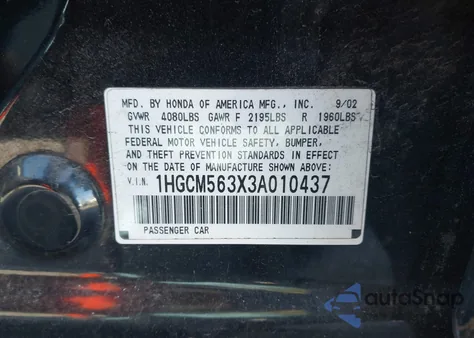 2003 Honda Accord 2.4 Lx from USA, damaged, VIN 1HGCM563X3A010437
